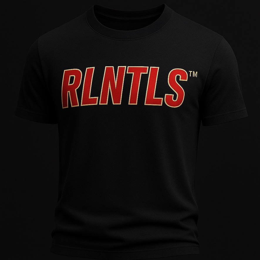 Collegiate Tee in black with red and gold chest print