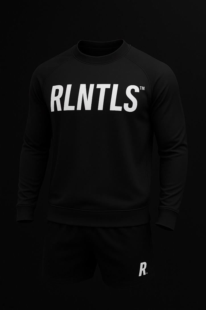 Black crewneck sweatshirt with white chest print