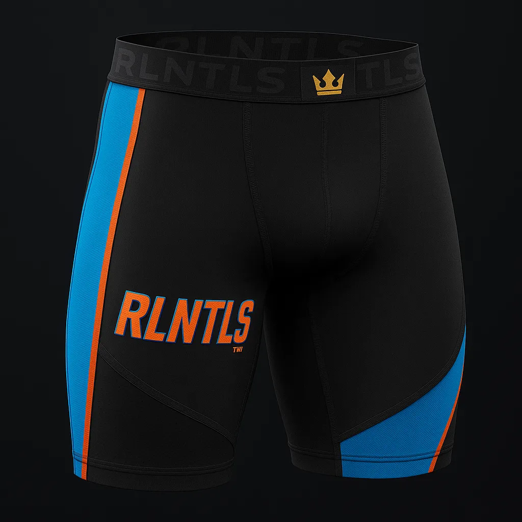 Black compression short with blue and orange team panels